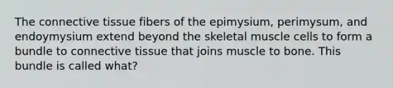 The connective tissue fibers of the epimysium, perimysum, and endoymysium extend beyond the skeletal muscle cells to form a bundle to connective tissue that joins muscle to bone. This bundle is called what?