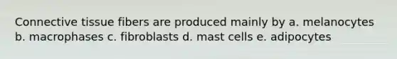 Connective tissue fibers are produced mainly by a. melanocytes b. macrophases c. fibroblasts d. mast cells e. adipocytes