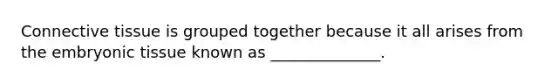 Connective tissue is grouped together because it all arises from the embryonic tissue known as ______________.