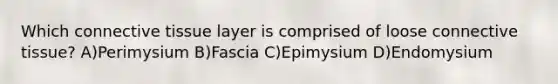 Which connective tissue layer is comprised of loose connective tissue? A)Perimysium B)Fascia C)Epimysium D)Endomysium