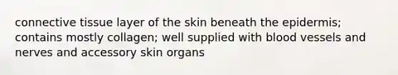 connective tissue layer of the skin beneath the epidermis; contains mostly collagen; well supplied with blood vessels and nerves and accessory skin organs