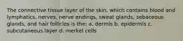 The connective tissue layer of the skin, which contains blood and lymphatics, nerves, nerve endings, sweat glands, sebaceous glands, and hair follicles is the: a. dermis b. epidermis c. subcutaneous layer d. merkel cells