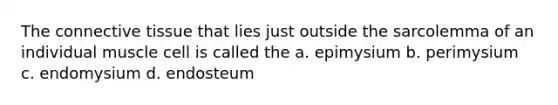 The connective tissue that lies just outside the sarcolemma of an individual muscle cell is called the a. epimysium b. perimysium c. endomysium d. endosteum