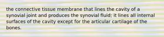 the connective tissue membrane that lines the cavity of a synovial joint and produces the synovial fluid; it lines all internal surfaces of the cavity except for the articular cartilage of the bones.