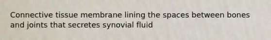 <a href='https://www.questionai.com/knowledge/kYDr0DHyc8-connective-tissue' class='anchor-knowledge'>connective tissue</a> membrane lining <a href='https://www.questionai.com/knowledge/k0Lyloclid-the-space' class='anchor-knowledge'>the space</a>s between bones and joints that secretes synovial fluid