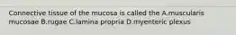 Connective tissue of the mucosa is called the A.muscularis mucosae B.rugae C.lamina propria D.myenteric plexus