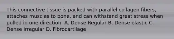 This connective tissue is packed with parallel collagen fibers, attaches muscles to bone, and can withstand great stress when pulled in one direction. A. Dense Regular B. Dense elastic C. Dense Irregular D. Fibrocartilage