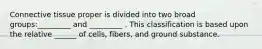 Connective tissue proper is divided into two broad groups:_________ and _________ . This classification is based upon the relative ______ of cells, fibers, and ground substance.