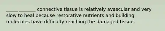 _____ _______ <a href='https://www.questionai.com/knowledge/kYDr0DHyc8-connective-tissue' class='anchor-knowledge'>connective tissue</a> is relatively avascular and very slow to heal because restorative nutrients and building molecules have difficulty reaching the damaged tissue.