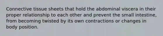 Connective tissue sheets that hold the abdominal viscera in their proper relationship to each other and prevent the small intestine, from becoming twisted by its own contractions or changes in body position.