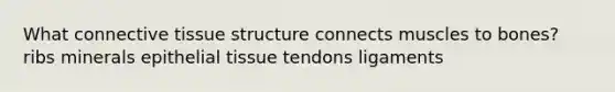 What connective tissue structure connects muscles to bones? ribs minerals epithelial tissue tendons ligaments