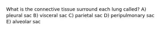 What is the connective tissue surround each lung called? A) pleural sac B) visceral sac C) parietal sac D) peripulmonary sac E) alveolar sac