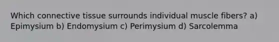 Which connective tissue surrounds individual muscle fibers? a) Epimysium b) Endomysium c) Perimysium d) Sarcolemma