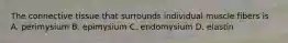 The connective tissue that surrounds individual muscle fibers is A. perimysium B. epimysium C. endomysium D. elastin
