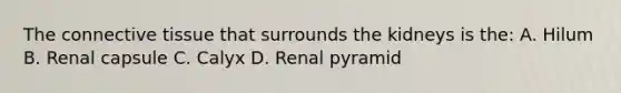 The connective tissue that surrounds the kidneys is the: A. Hilum B. Renal capsule C. Calyx D. Renal pyramid