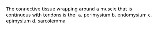 The <a href='https://www.questionai.com/knowledge/kYDr0DHyc8-connective-tissue' class='anchor-knowledge'>connective tissue</a> wrapping around a muscle that is continuous with tendons is the: a. perimysium b. endomysium c. epimysium d. sarcolemma
