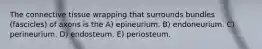 The connective tissue wrapping that surrounds bundles (fascicles) of axons is the A) epineurium. B) endoneurium. C) perineurium. D) endosteum. E) periosteum.