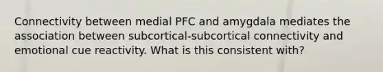 Connectivity between medial PFC and amygdala mediates the association between subcortical-subcortical connectivity and emotional cue reactivity. What is this consistent with?