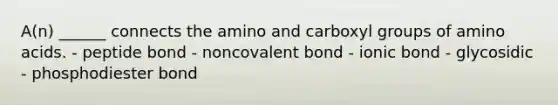 A(n) ______ connects the amino and carboxyl groups of amino acids. - peptide bond - noncovalent bond - ionic bond - glycosidic - phosphodiester bond