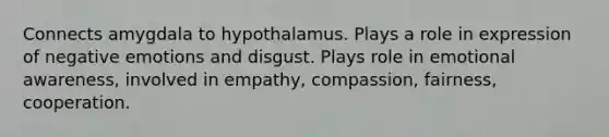 Connects amygdala to hypothalamus. Plays a role in expression of negative emotions and disgust. Plays role in emotional awareness, involved in empathy, compassion, fairness, cooperation.