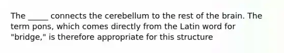 The _____ connects the cerebellum to the rest of <a href='https://www.questionai.com/knowledge/kLMtJeqKp6-the-brain' class='anchor-knowledge'>the brain</a>. The term pons, which comes directly from the Latin word for "bridge," is therefore appropriate for this structure