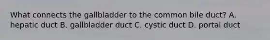 What connects the gallbladder to the common bile duct? A. hepatic duct B. gallbladder duct C. cystic duct D. portal duct