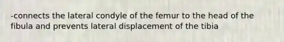 -connects the lateral condyle of the femur to the head of the fibula and prevents lateral displacement of the tibia