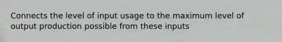 Connects the level of input usage to the maximum level of output production possible from these inputs