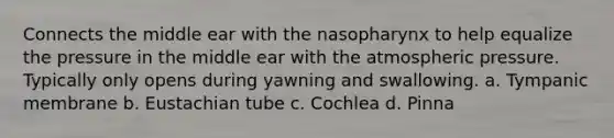 Connects the middle ear with the nasopharynx to help equalize the pressure in the middle ear with the atmospheric pressure. Typically only opens during yawning and swallowing. a. Tympanic membrane b. Eustachian tube c. Cochlea d. Pinna