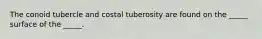 The conoid tubercle and costal tuberosity are found on the _____ surface of the _____.