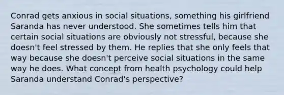 Conrad gets anxious in social situations, something his girlfriend Saranda has never understood. She sometimes tells him that certain social situations are obviously not stressful, because she doesn't feel stressed by them. He replies that she only feels that way because she doesn't perceive social situations in the same way he does. What concept from health psychology could help Saranda understand Conrad's perspective?