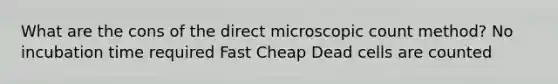 What are the cons of the direct microscopic count method? No incubation time required Fast Cheap Dead cells are counted