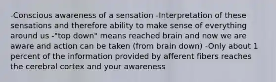 -Conscious awareness of a sensation -Interpretation of these sensations and therefore ability to make sense of everything around us -"top down" means reached brain and now we are aware and action can be taken (from brain down) -Only about 1 percent of the information provided by afferent fibers reaches the cerebral cortex and your awareness