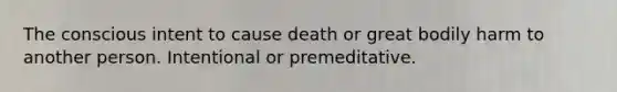 The conscious intent to cause death or great bodily harm to another person. Intentional or premeditative.