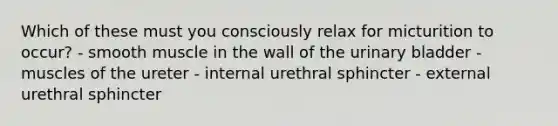 Which of these must you consciously relax for micturition to occur? - smooth muscle in the wall of the urinary bladder - muscles of the ureter - internal urethral sphincter - external urethral sphincter