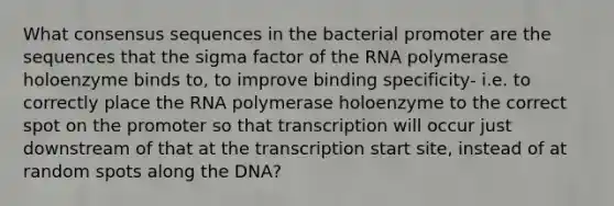 What consensus sequences in the bacterial promoter are the sequences that the sigma factor of the RNA polymerase holoenzyme binds to, to improve binding specificity- i.e. to correctly place the RNA polymerase holoenzyme to the correct spot on the promoter so that transcription will occur just downstream of that at the transcription start site, instead of at random spots along the DNA?