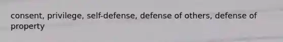 consent, privilege, self-defense, defense of others, defense of property