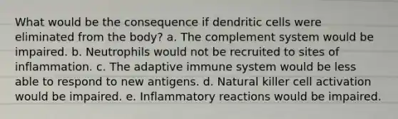 What would be the consequence if dendritic cells were eliminated from the body? a. The complement system would be impaired. b. Neutrophils would not be recruited to sites of inflammation. c. The adaptive immune system would be less able to respond to new antigens. d. Natural killer cell activation would be impaired. e. Inflammatory reactions would be impaired.