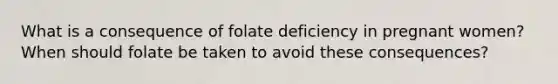 What is a consequence of folate deficiency in pregnant women? When should folate be taken to avoid these consequences?