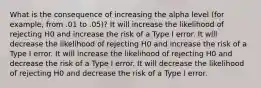 What is the consequence of increasing the alpha level (for example, from .01 to .05)? It will increase the likelihood of rejecting H0 and increase the risk of a Type I error. It will decrease the likelihood of rejecting H0 and increase the risk of a Type I error. It will increase the likelihood of rejecting H0 and decrease the risk of a Type I error. It will decrease the likelihood of rejecting H0 and decrease the risk of a Type I error.