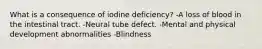 What is a consequence of iodine deficiency? -A loss of blood in the intestinal tract. -Neural tube defect. -Mental and physical development abnormalities -Blindness