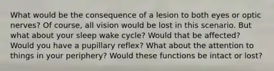 What would be the consequence of a lesion to both eyes or optic nerves? Of course, all vision would be lost in this scenario. But what about your sleep wake cycle? Would that be affected? Would you have a pupillary reflex? What about the attention to things in your periphery? Would these functions be intact or lost?