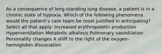 As a consequence of long-standing lung disease, a patient is in a chronic state of hypoxia. Which of the following phenomena would the patient's care team be most justified in anticipating? Select all that apply: Increased erythropoietin production Hyperventilation Metabolic alkalosis Pulmonary vasodilation Personality changes A shift to the right of the oxygen-hemoglobin dissociation