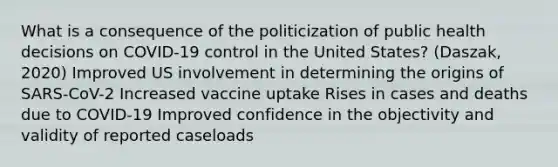 What is a consequence of the politicization of public health decisions on COVID-19 control in the United States? (Daszak, 2020) Improved US involvement in determining the origins of SARS-CoV-2 Increased vaccine uptake Rises in cases and deaths due to COVID-19 Improved confidence in the objectivity and validity of reported caseloads