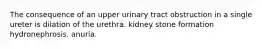 The consequence of an upper urinary tract obstruction in a single ureter is dilation of the urethra. kidney stone formation hydronephrosis. anuria.