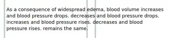 As a consequence of widespread edema, blood volume increases and blood pressure drops. decreases and blood pressure drops. increases and blood pressure rises. decreases and blood pressure rises. remains the same.