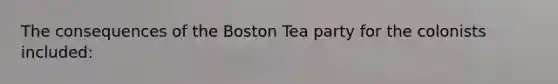 The consequences of the Boston Tea party for the colonists included: