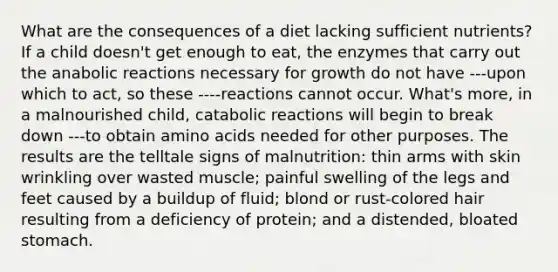 What are the consequences of a diet lacking sufficient nutrients? If a child doesn't get enough to eat, the enzymes that carry out the anabolic reactions necessary for growth do not have ---upon which to act, so these ----reactions cannot occur. What's more, in a malnourished child, catabolic reactions will begin to break down ---to obtain amino acids needed for other purposes. The results are the telltale signs of malnutrition: thin arms with skin wrinkling over wasted muscle; painful swelling of the legs and feet caused by a buildup of fluid; blond or rust-colored hair resulting from a deficiency of protein; and a distended, bloated stomach.