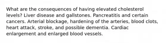 What are the consequences of having elevated cholesterol levels? Liver disease and gallstones. Pancreatitis and certain cancers. Arterial blockage, hardening of the arteries, blood clots, heart attack, stroke, and possible dementia. Cardiac enlargement and enlarged blood vessels.