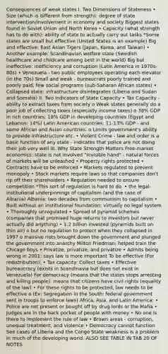 Consequences of weak states I. Two Dimensions of Stateness • Size (which is different from strength): degree of state intervention/involvement in economy and society Biggest states found in Soviet Union and North Korea • Capacity (what strength has to do with): ability of state to actually carry out tasks *Some states are small but effective (United States is an example) Big and effective: East Asian Tigers (Japan, Korea, and Taiwan) • Another example: Scandinavian welfare state (Swedish healthcare and childcare among best in the world) Big but ineffective: inefficiency and corruption (Latin America in 1970s-80s) • Venezuela - two public employees operating each elevator (in the 70s) Small and weak - bureaucrats poorly trained and poorly paid, few social programs (sub-Saharan African states) • Collapsed state: infrastructure disintegrates (Liberia and Sudan and Somalia) II. Two Indicators of State Capacity • Tax Capacity - ability to extract taxes from society o Weak states generally do a poor job of collecting taxes (especially income taxes) o 38% GDP in rich countries; 18% GDP in developing countries (Egypt and Lebanon: 14%) Latin American countries: 11-13% GDP - and some African and Asian countries. o Limits government's ability to provide infrastructure etc. • Violent Crime - law and order is a basic function of any state - indicates that police are not doing their job very well III. Why State Strength Matters Free-market economics: state is not involved "invisible hand" - natural forces of markets will be unleashed • Property rights protected • Contracts have to be enforced • Markets regulated to prevent monopoly • Stock markets require laws so that companies don't rip off their shareholders • Regulation needed to ensure competition *This sort of regulation is hard to do. • the legal-institutional underpinnings of capitalism (and the case of Albania) Albania: two decades from communism to capitalism • Built without an institutional foundation; virtually no legal system • Thoroughly unregulated • Spread of pyramid schemes (companies that promised huge returns to investors but never actually did anything) • 1.2 billion invested (pyramids built on thin air) o but no regulation to protect when they collapsed in 1997 o massive riots brought down the government and plunged the government into anarchy Milton Friedman: helped train the Chicago boys • Privatize, privatize, and privatize • Admits being wrong in 2001: says law is more important To be effective (For redistribution): • Tax capacity: Collect taxes • Effective bureaucracy (exists in Scandinavia but does not exist in Venezuela) For democracy (means that the states stops arresting and killing people): means that citizens have civil rights (equality of the law) • For these rights to be protected, law needs to be effective o (Ex: Segregation in the South: federal government sent in troops to enforce laws) Africa, Asia, and Latin America: • Police are not present or bought off by drug lords or the Mafia • Judges are in the back pocket of people with money • No one is there to implement the rule of law • Brown areas - corruption, unequal treatment, and violence • Democracy cannot function See cases of Liberia and the Congo State weakness is a problem in much of the developing world. ALSO SEE TABLE IN TAB 20 OF NOTES